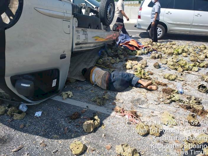 Pikap Muat Ikan Pecah Ban di Tol Porong